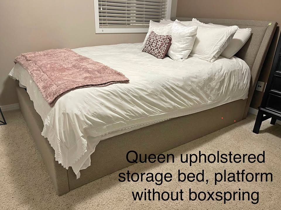 Queen sized upholstered storage bed frame only