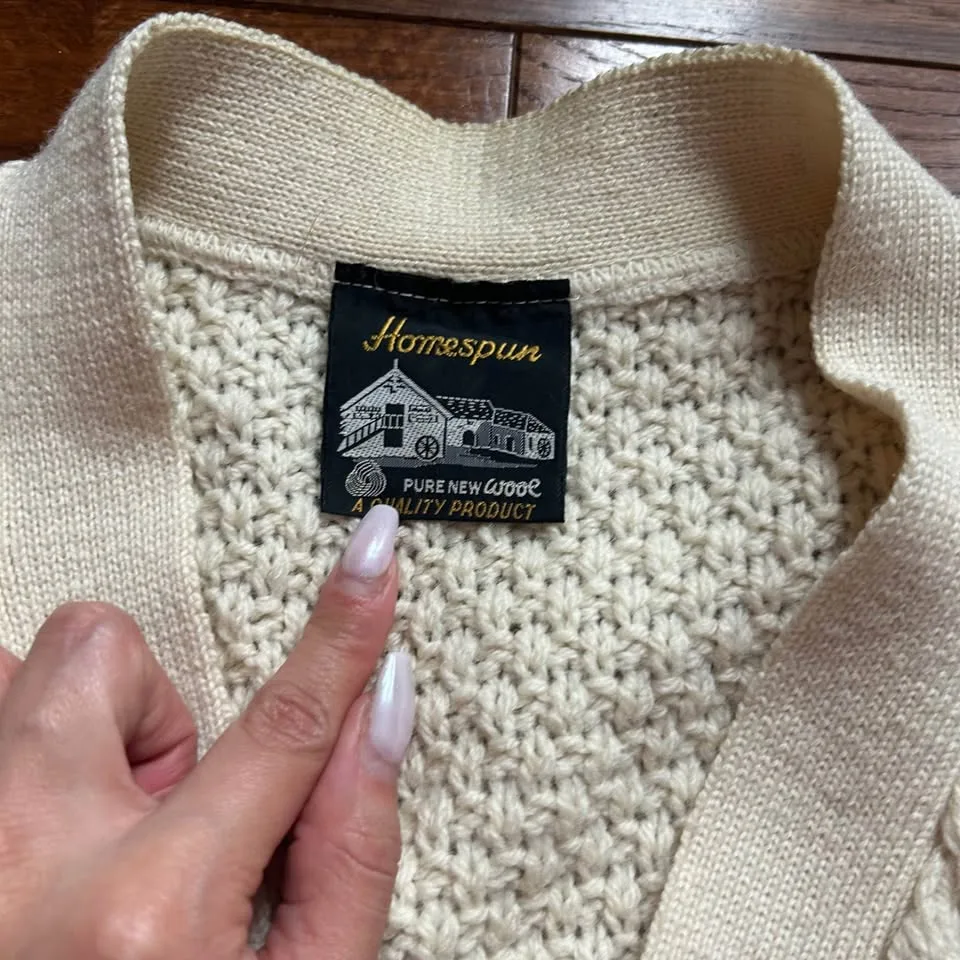 Vintage Unisex Homespun Cream Cable Knit Cardigan image indicator(4)