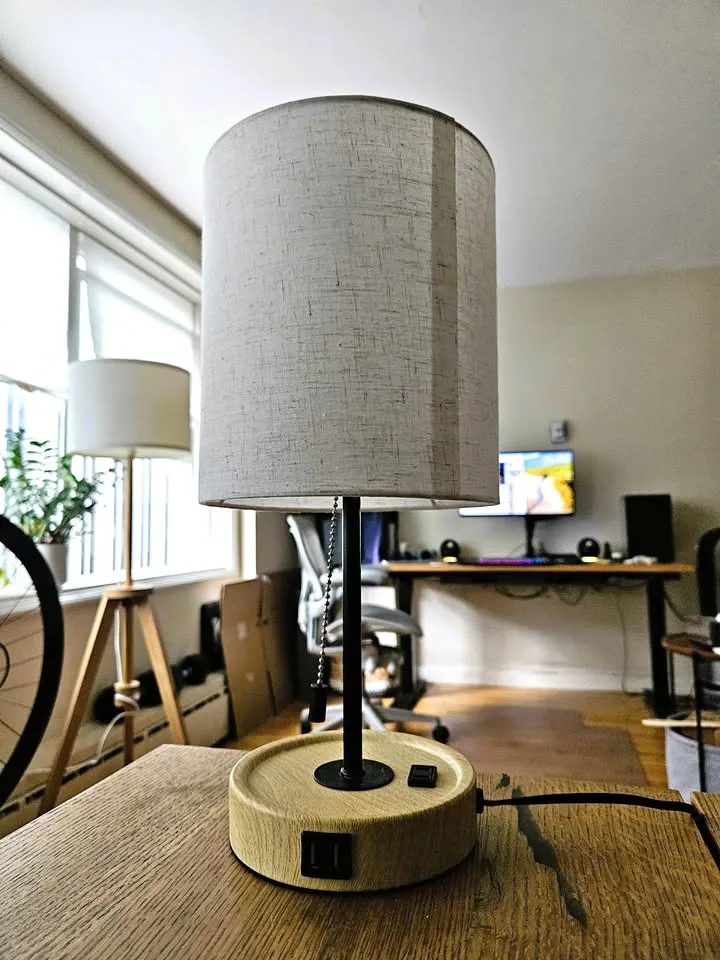 Off-White Shade Table Lamp w/ Base USB Ports + Power Outlet