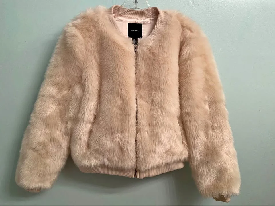 Women’s Forever 21 Faux Fur Bomber Jacket, cream, L thumbnail