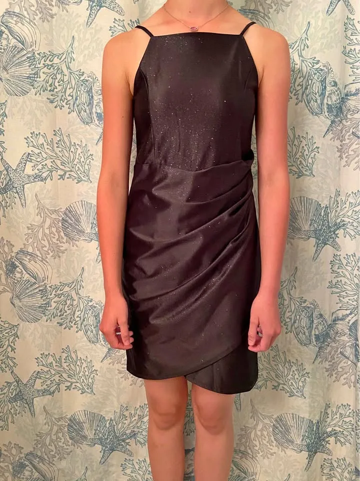 Girl’s black shimmery dress, with rouched waist, size 16. thumbnail