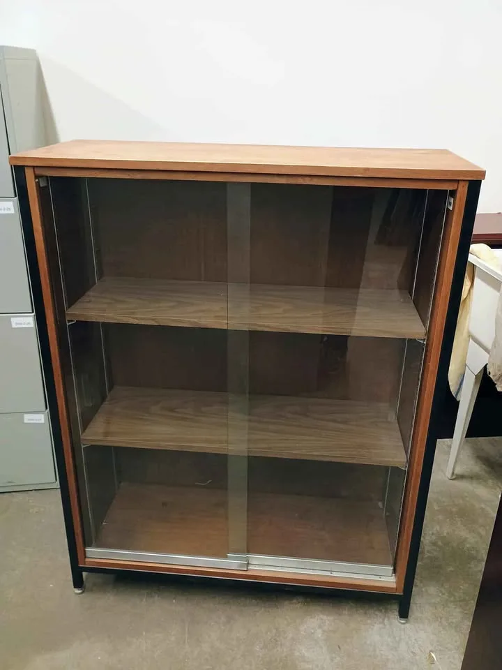 Wood bookcase with sliding glass doors image indicator(2)