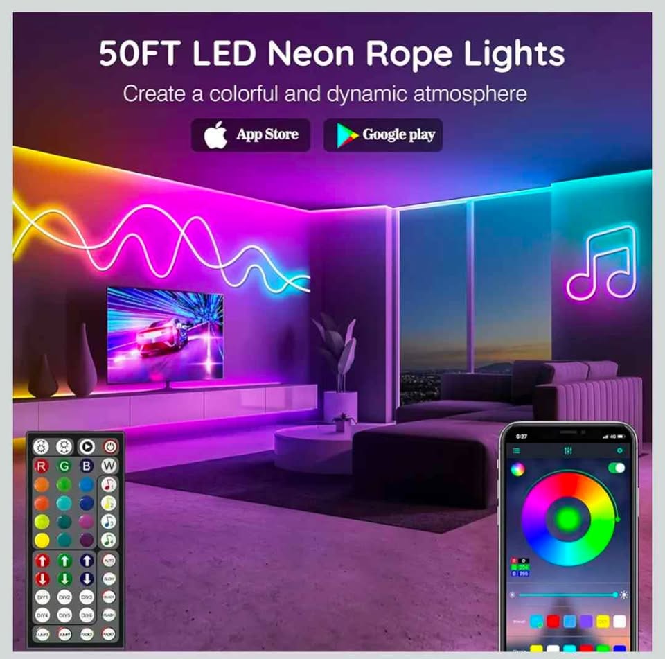 50Ft LED Neon Rope Lights | App + Remote Control - photo 2