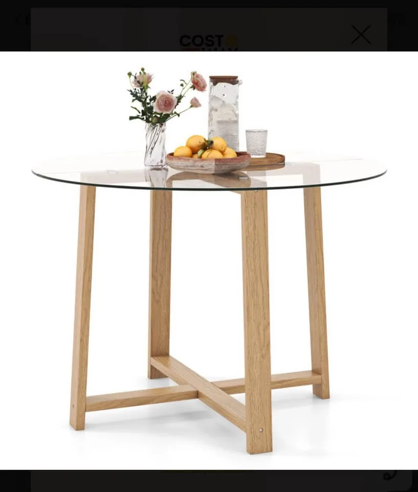 42” Round Dining Table Tempered Glass Top & Solid Wood Frame image indicator(2)