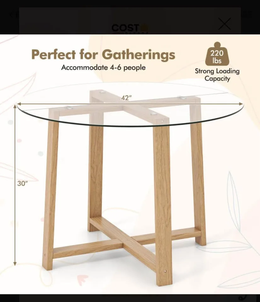 42” Round Dining Table Tempered Glass Top & Solid Wood Frame image indicator(3)