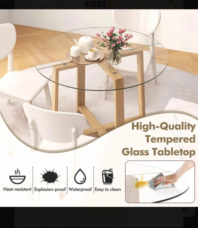 42” Round Dining Table Tempered Glass Top & Solid Wood Frame image indicator(5)