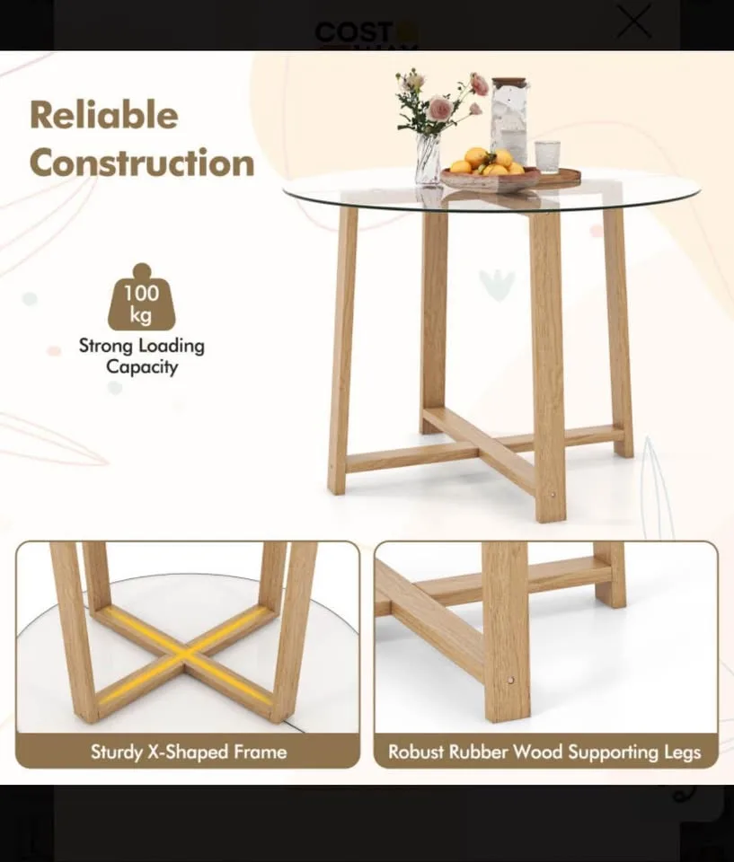 42” Round Dining Table Tempered Glass Top & Solid Wood Frame image indicator(8)