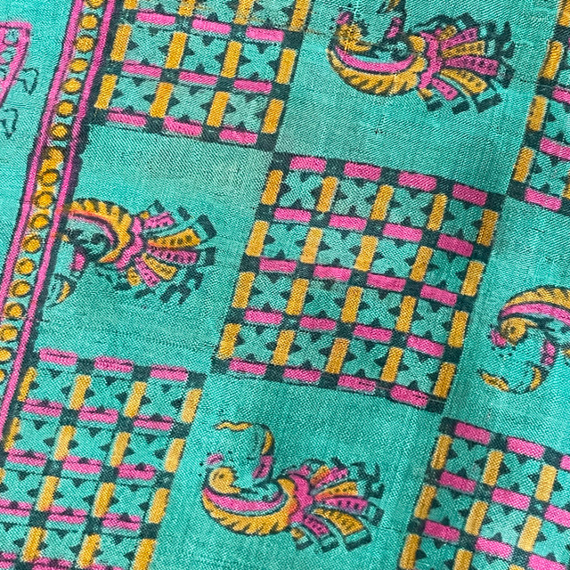 Vintage Turquoise Silk Scarf with Indian Motif-Slight Damage - photo 2
