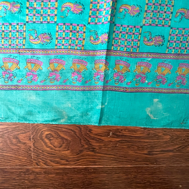 Vintage Turquoise Silk Scarf with Indian Motif-Slight Damage - photo 3