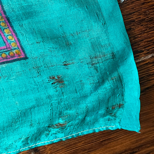 Vintage Turquoise Silk Scarf with Indian Motif-Slight Damage - photo 4
