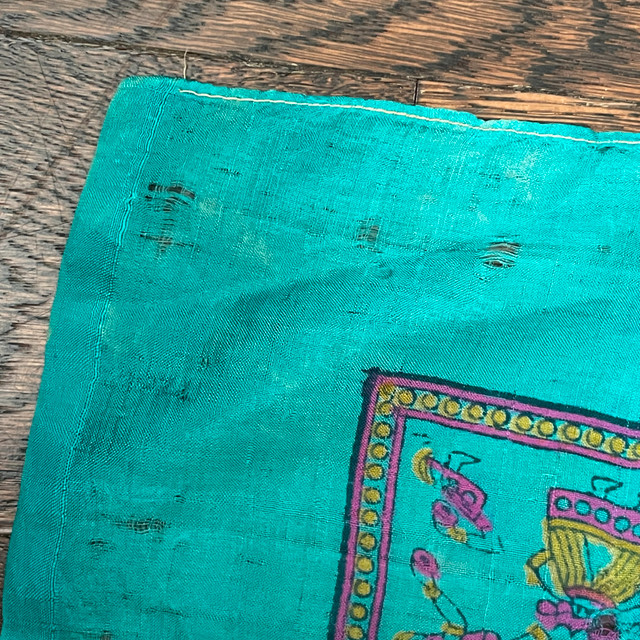 Vintage Turquoise Silk Scarf with Indian Motif-Slight Damage - photo 5