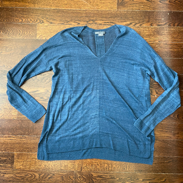 Vince V-neck Sheer Sweater-Blue-Silk/Cashmere-Size Medium