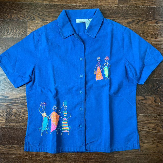 Cute vintage 100% cotton shirt with African women appliqués-Med