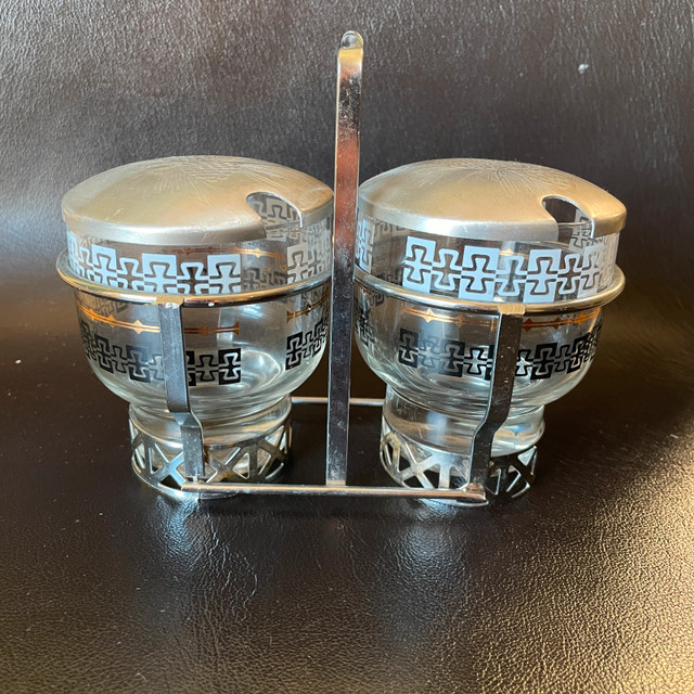 Vintage Libbey MCM Chrome Condiment Set: Glass Jars w/ lids