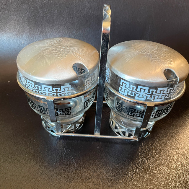 Vintage Libbey MCM Chrome Condiment Set: Glass Jars w/ lids - photo 2