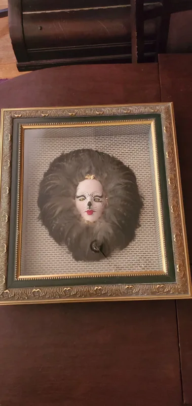 Unique Vintage Italian Cat Face Feather Shadowbox thumbnail