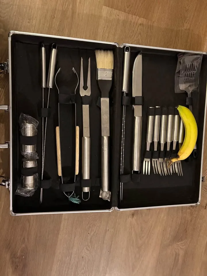 stainless steel BBQ tool set in a carrying case. image indicator(4)