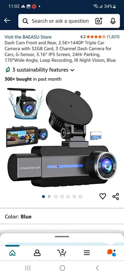 Dash Cam Front and Rear, 2.5K+1440P Triple Car Camera thumbnail