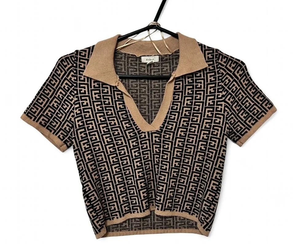 Brown/Tan Collared Knit Top thumbnail