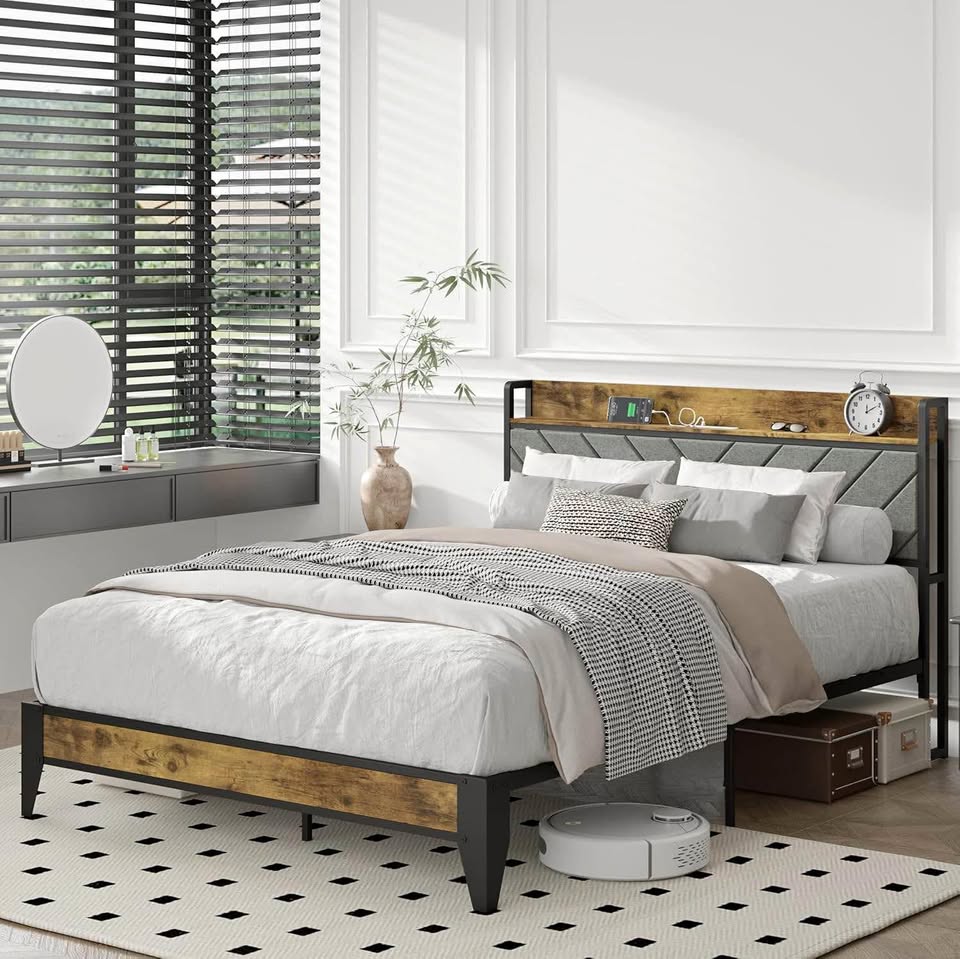 Wooden Bed Frame w/ Charging Station: Queen & King