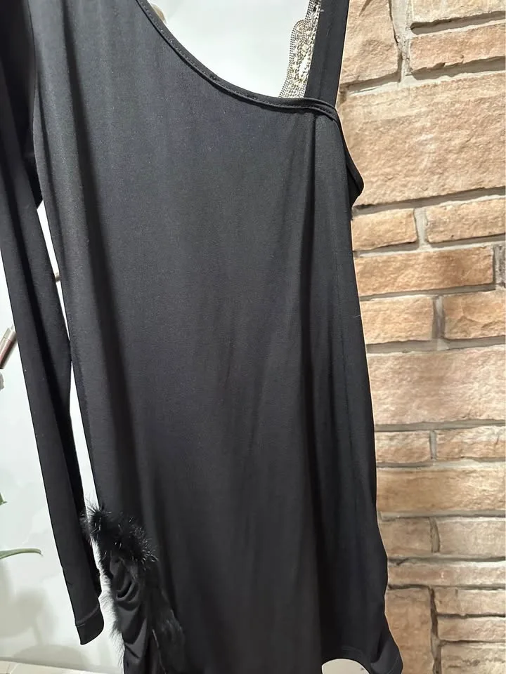 Black One-Shoulder Mini Dress with Rhinestone Detail image indicator(3)