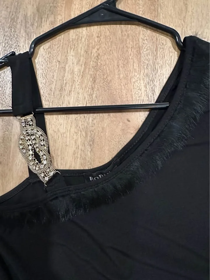 Black One-Shoulder Mini Dress with Rhinestone Detail image indicator(4)