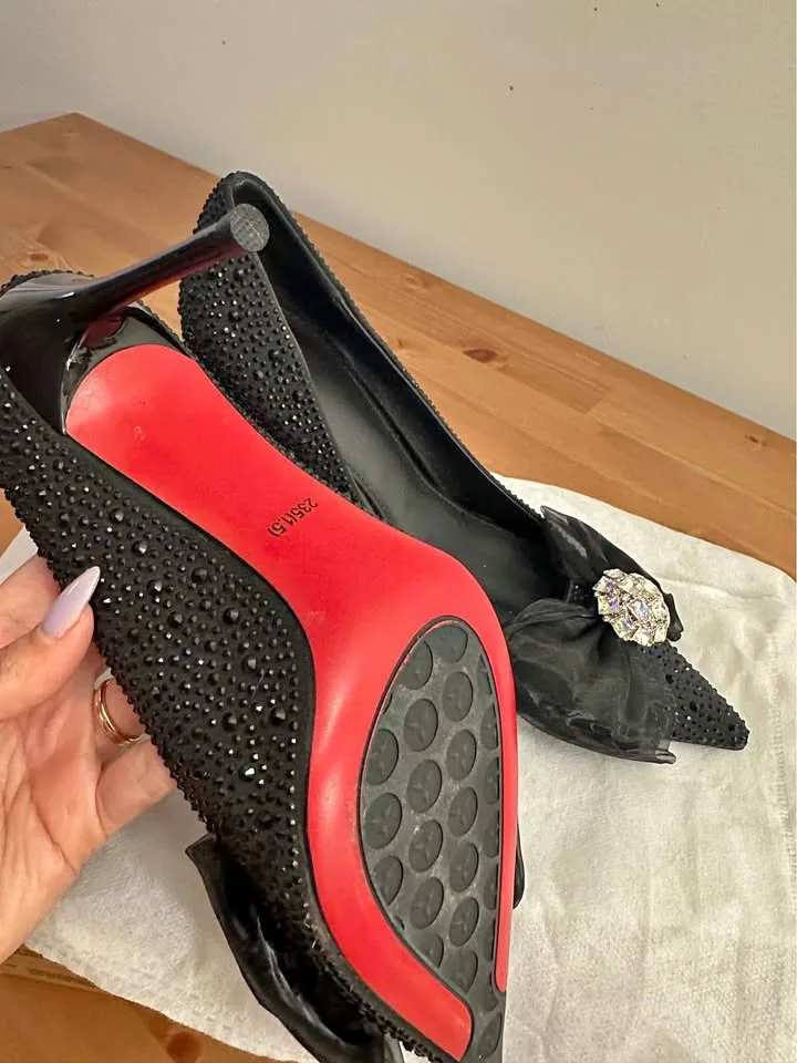 Red bottoms Black Rhinestone Bow Heels thumbnail