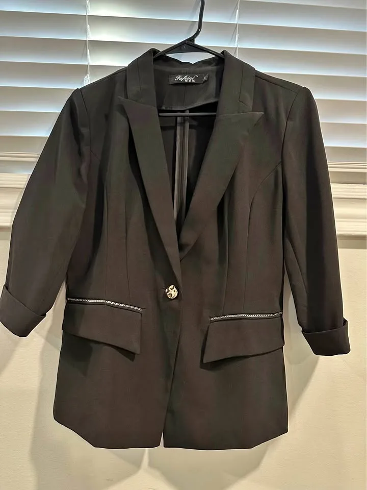 Women's Black Blazer with Gold Button and Rhinestone Detail thumbnail