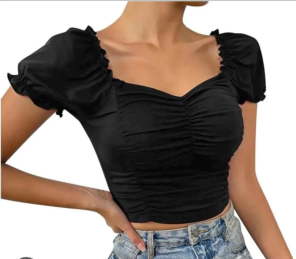 Womens Summer Crop Ruched Tops Puff Sleeve V Neck thumbnail