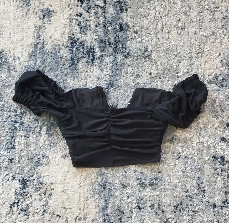 Womens Summer Crop Ruched Tops Puff Sleeve V Neck image indicator(2)