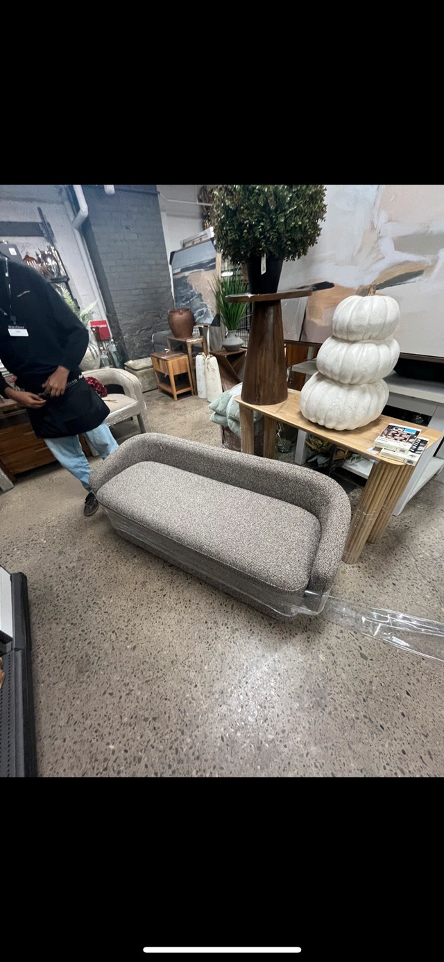 Tan Bouclé Bench / Small Sofa — 65” Wide