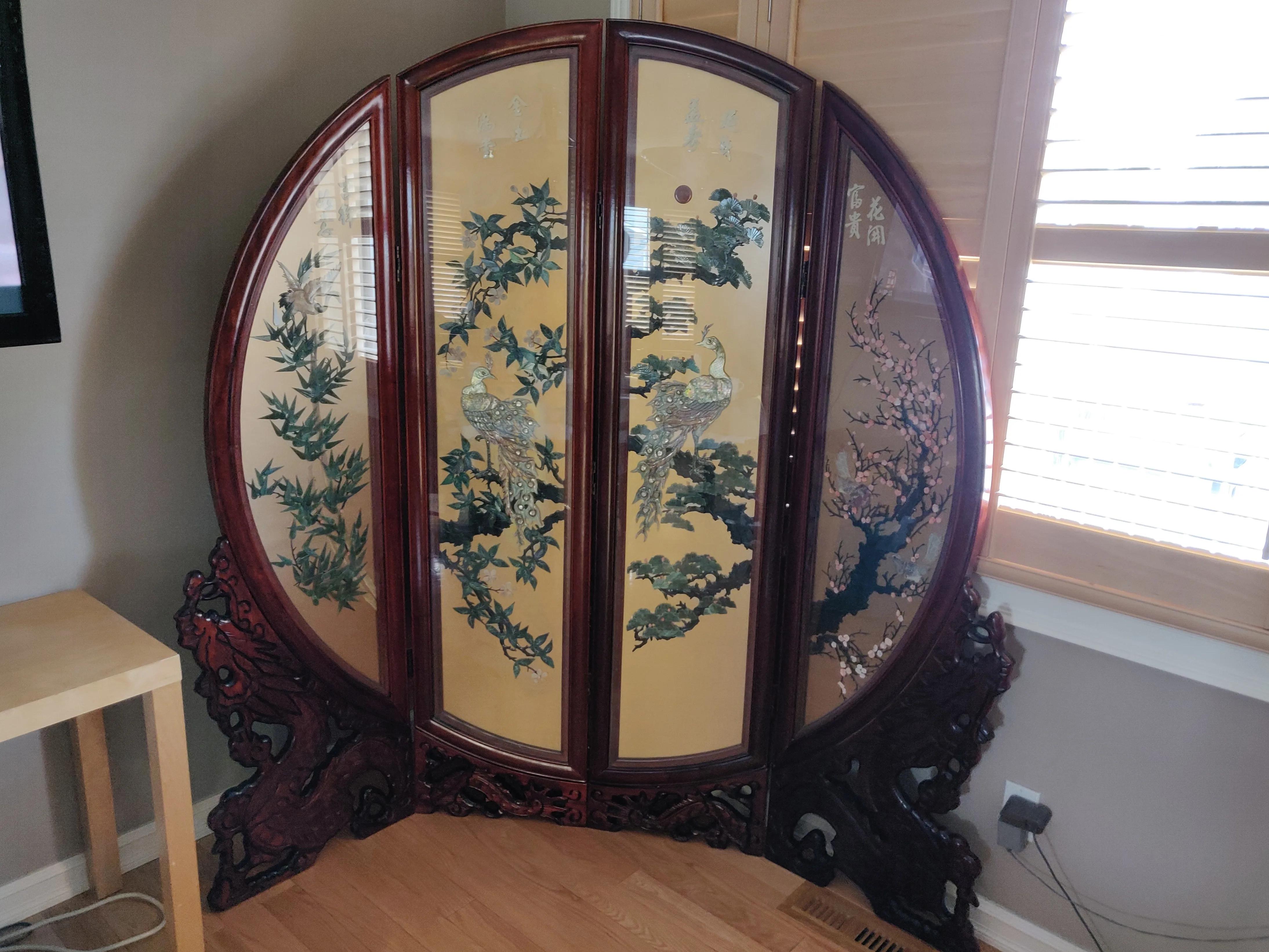 Chinese Folding Screen Room Divider 4 Panel - Pearl & Jade thumbnail