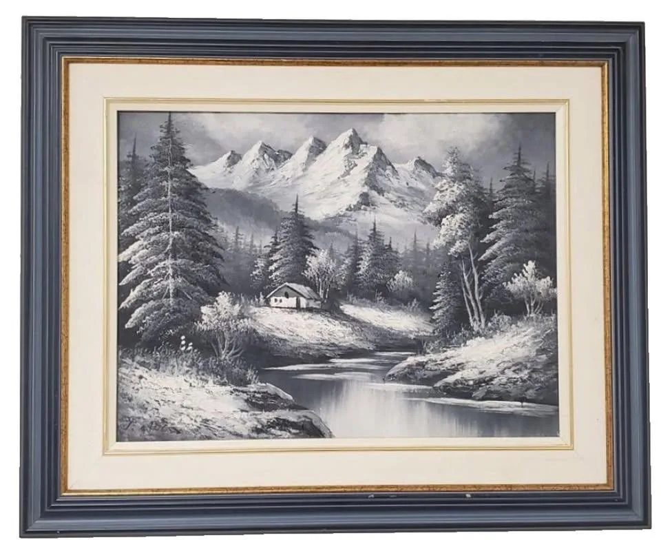 Vintage R Boren Black & White Winter Scene Original Oil Painting thumbnail