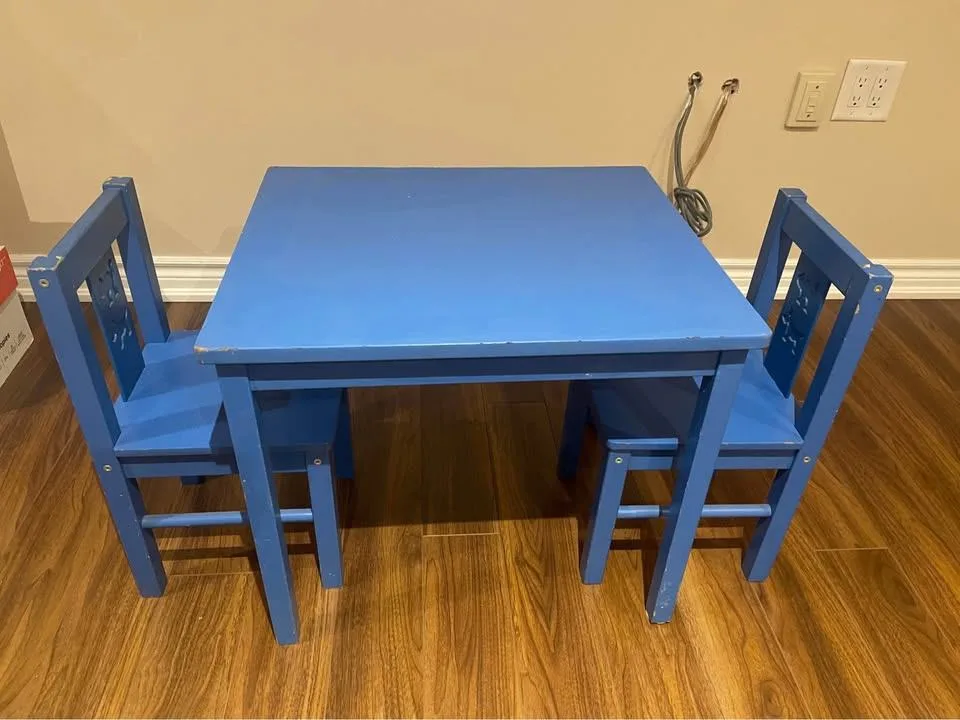 IKEA kids wood table and chairs in blue thumbnail