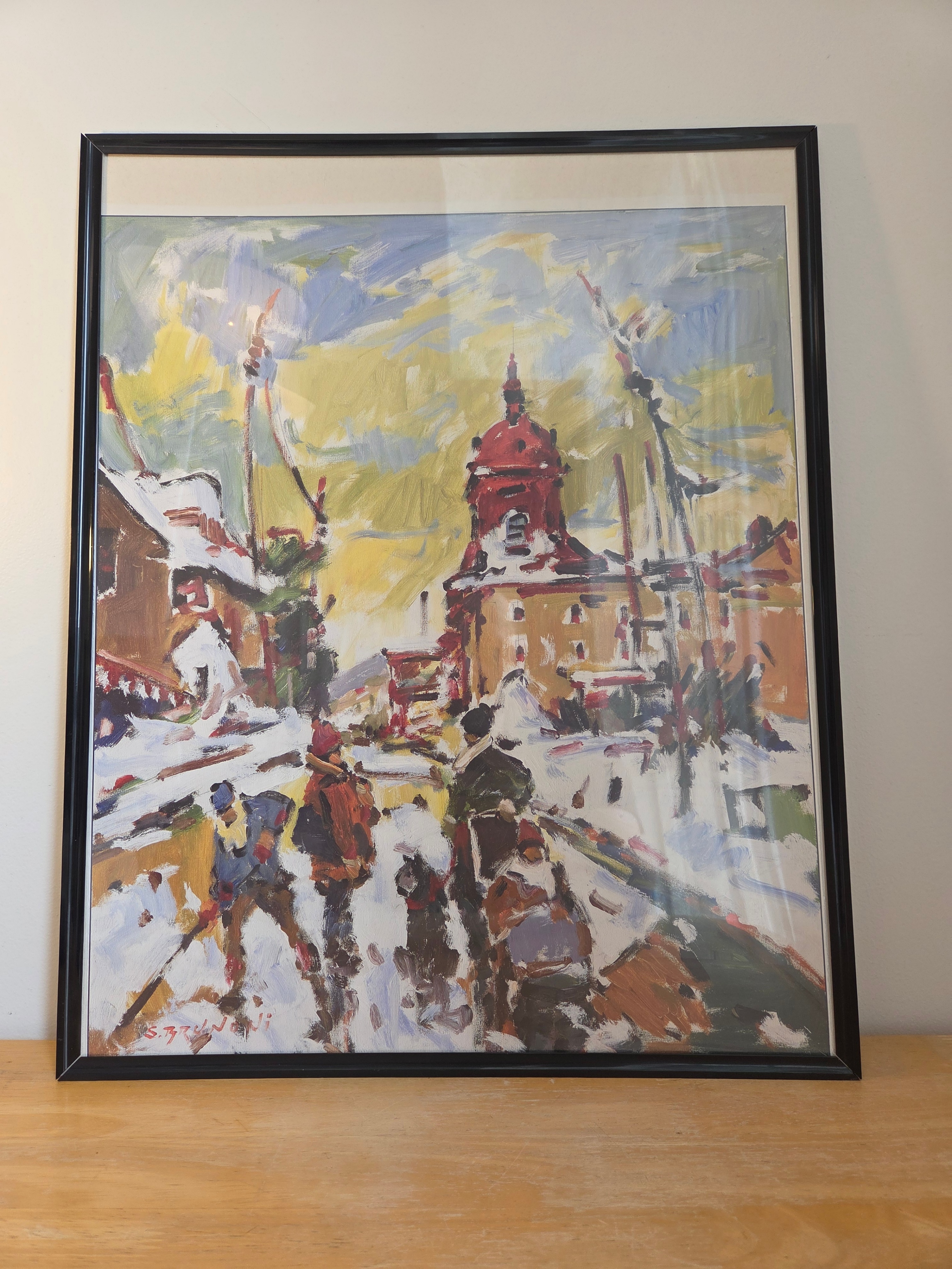 Framed Winter Cityscape Painting Print – Colorful Impressionist