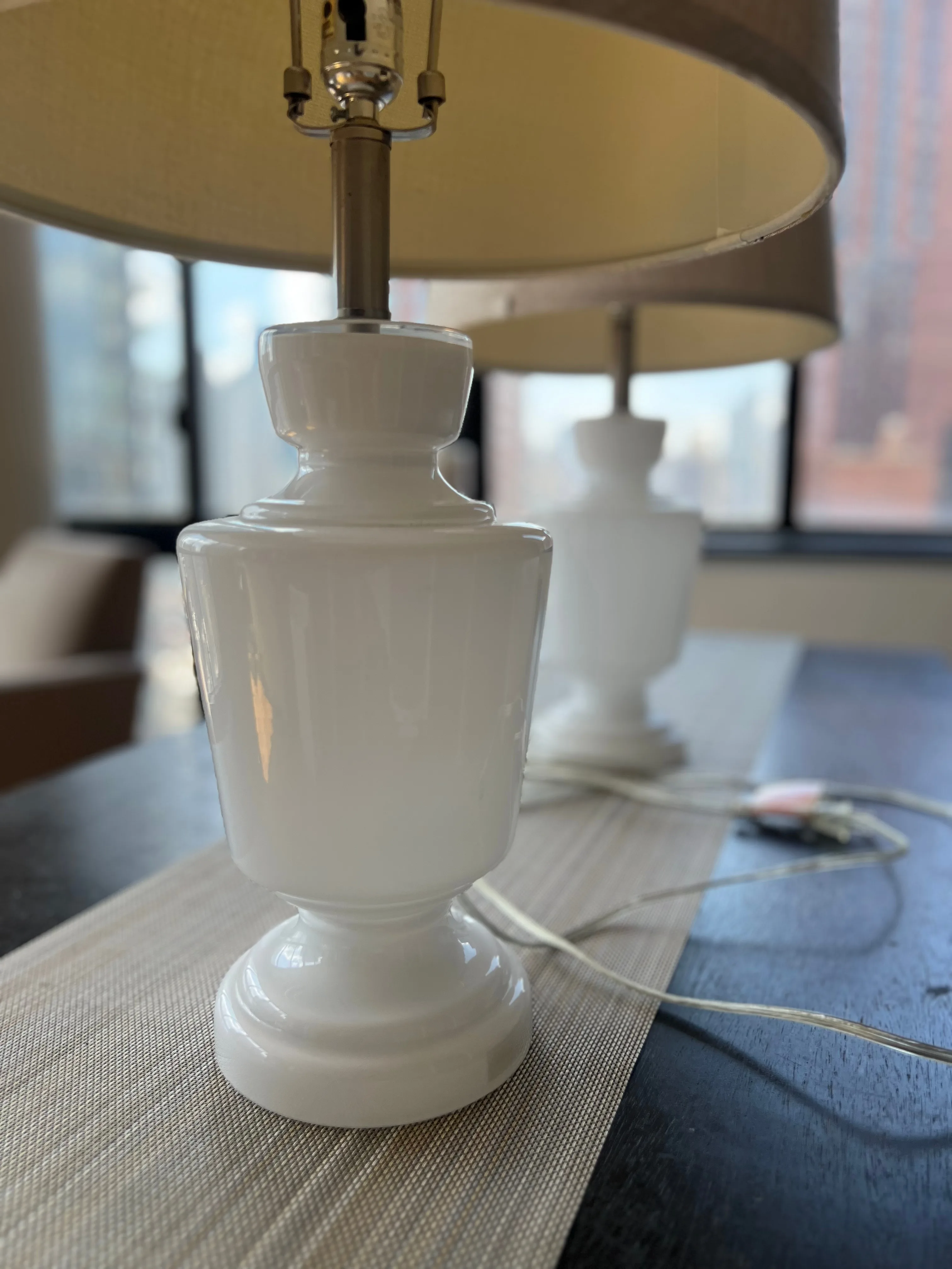 Pair of White Milk Glass Table Lamps with Linen Shades thumbnail