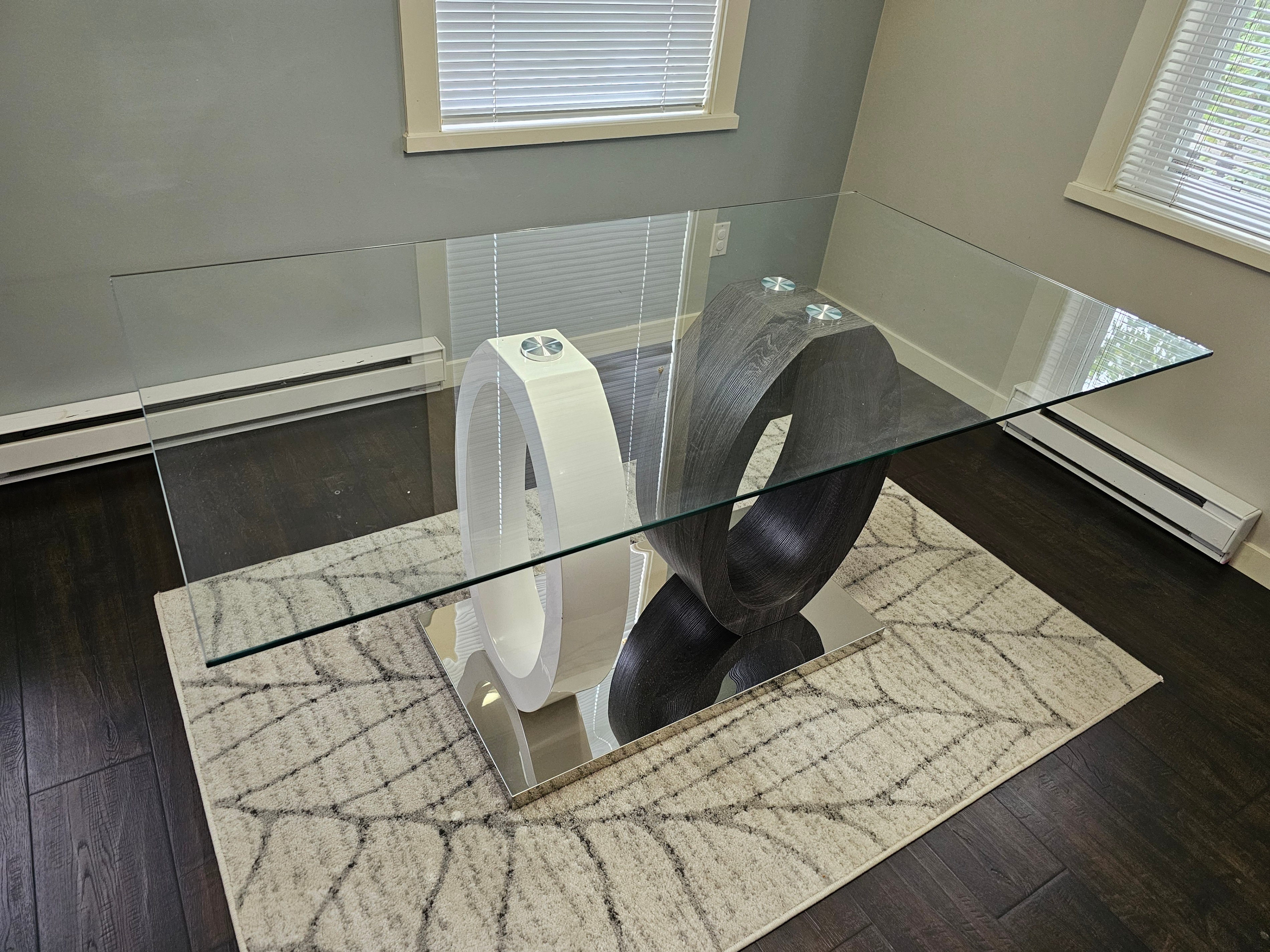 Dining Table - Glass Top, Pedestal Base, Wood Column