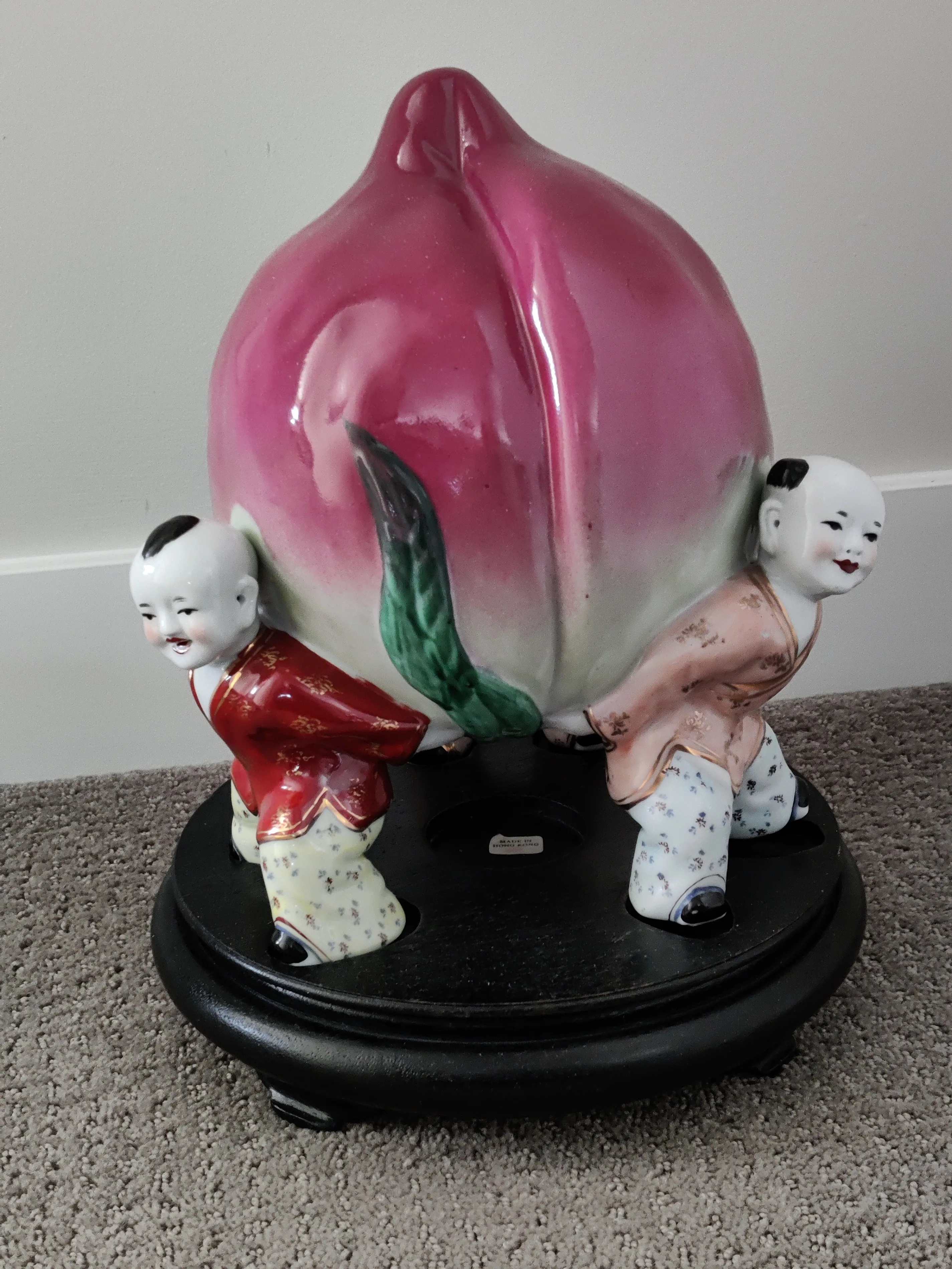 Chinese Porcelain Figurine 3 Children Holding Longevity Peach thumbnail