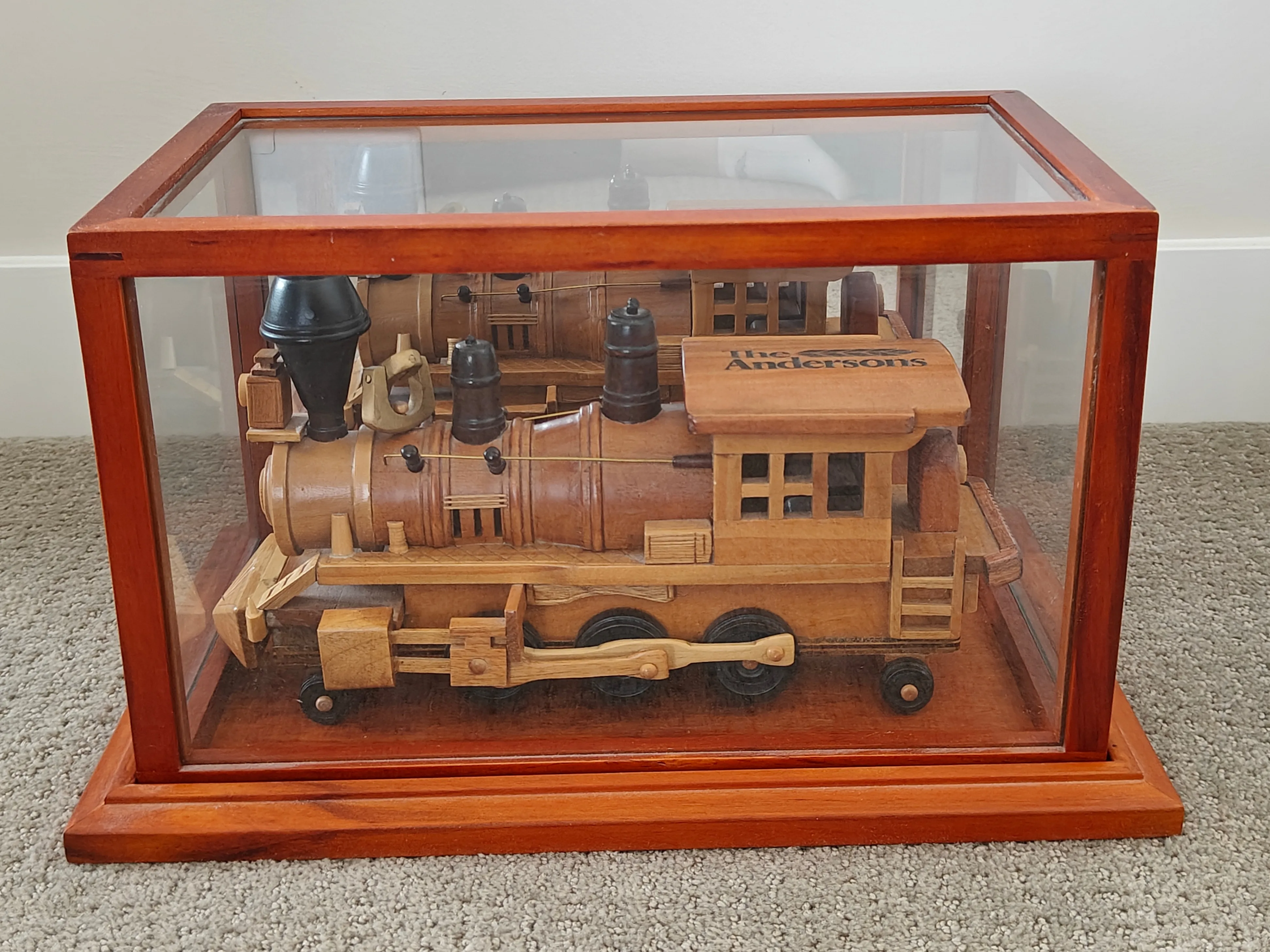 Handmade Wooden Steam Locomotive Train & Display Case w/ Mirror thumbnail