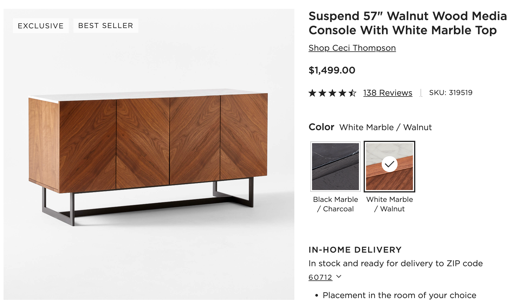 Suspend 57" Walnut Wood Media Console with White Marble Top - photo 2