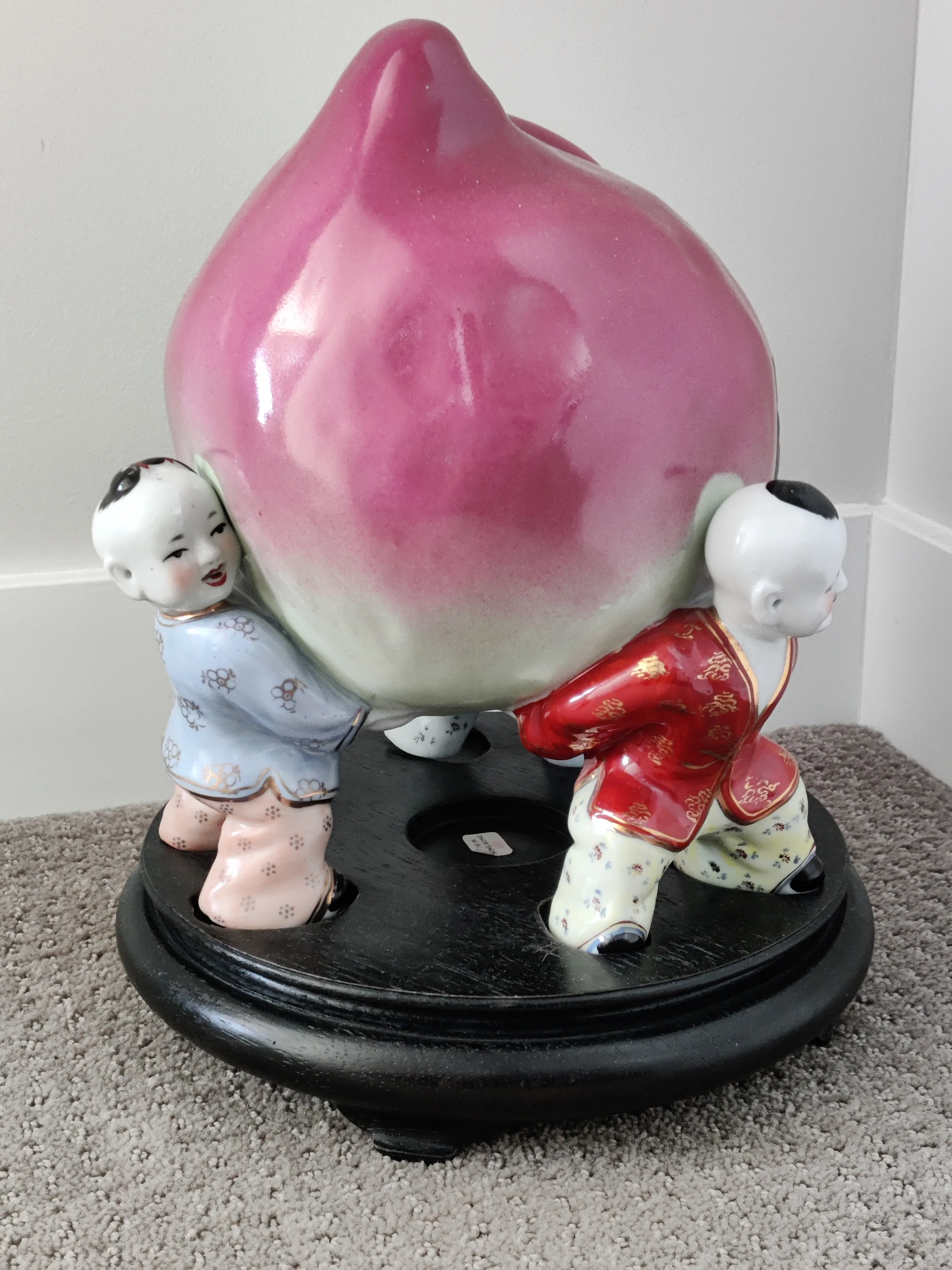 Chinese Porcelain 3 Children and Longevity Peach Figurine Vase image indicator(2)