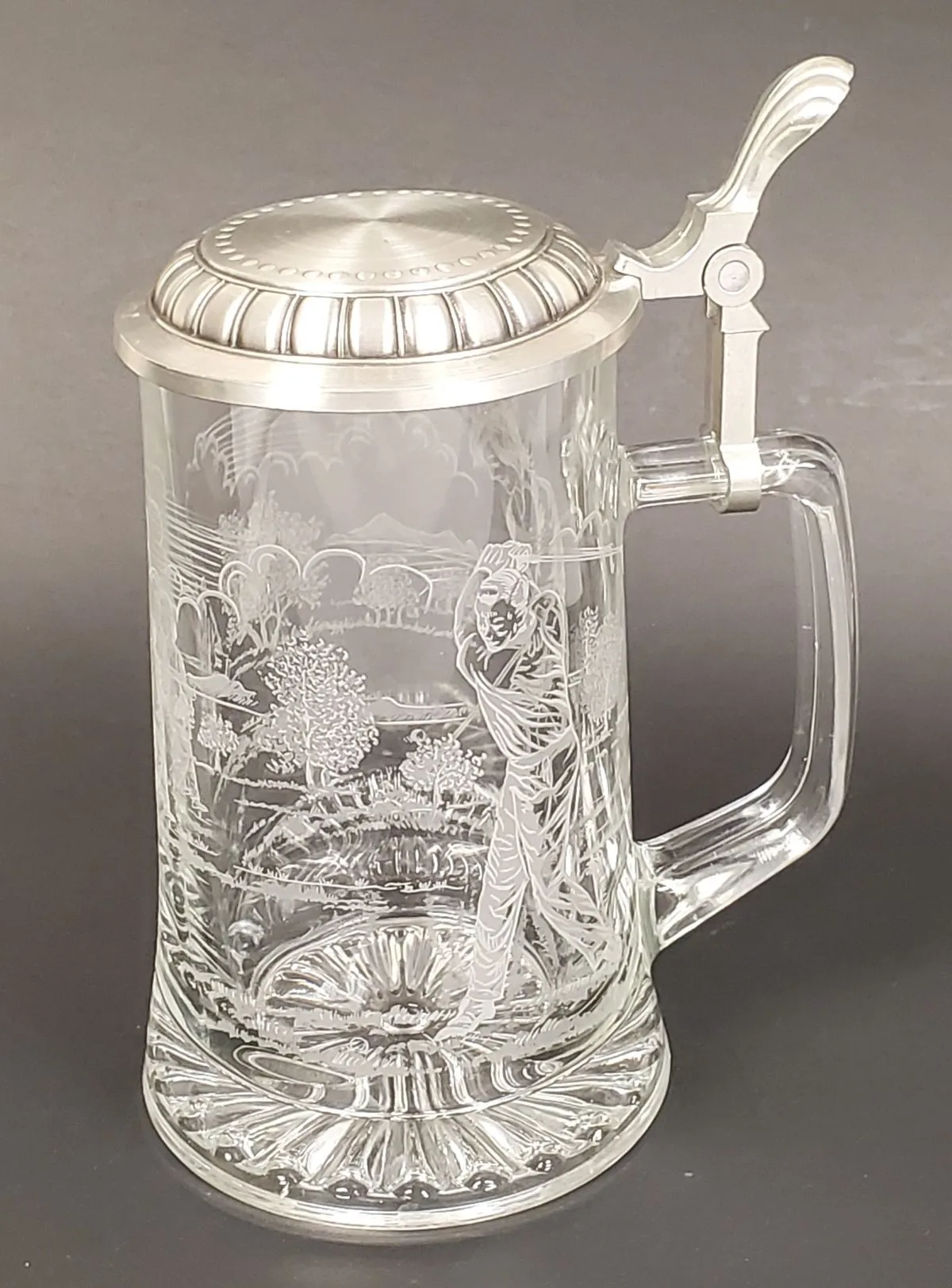 Vintage Germany Zinn Pewter Glass Stein Etched Golfing Scene thumbnail