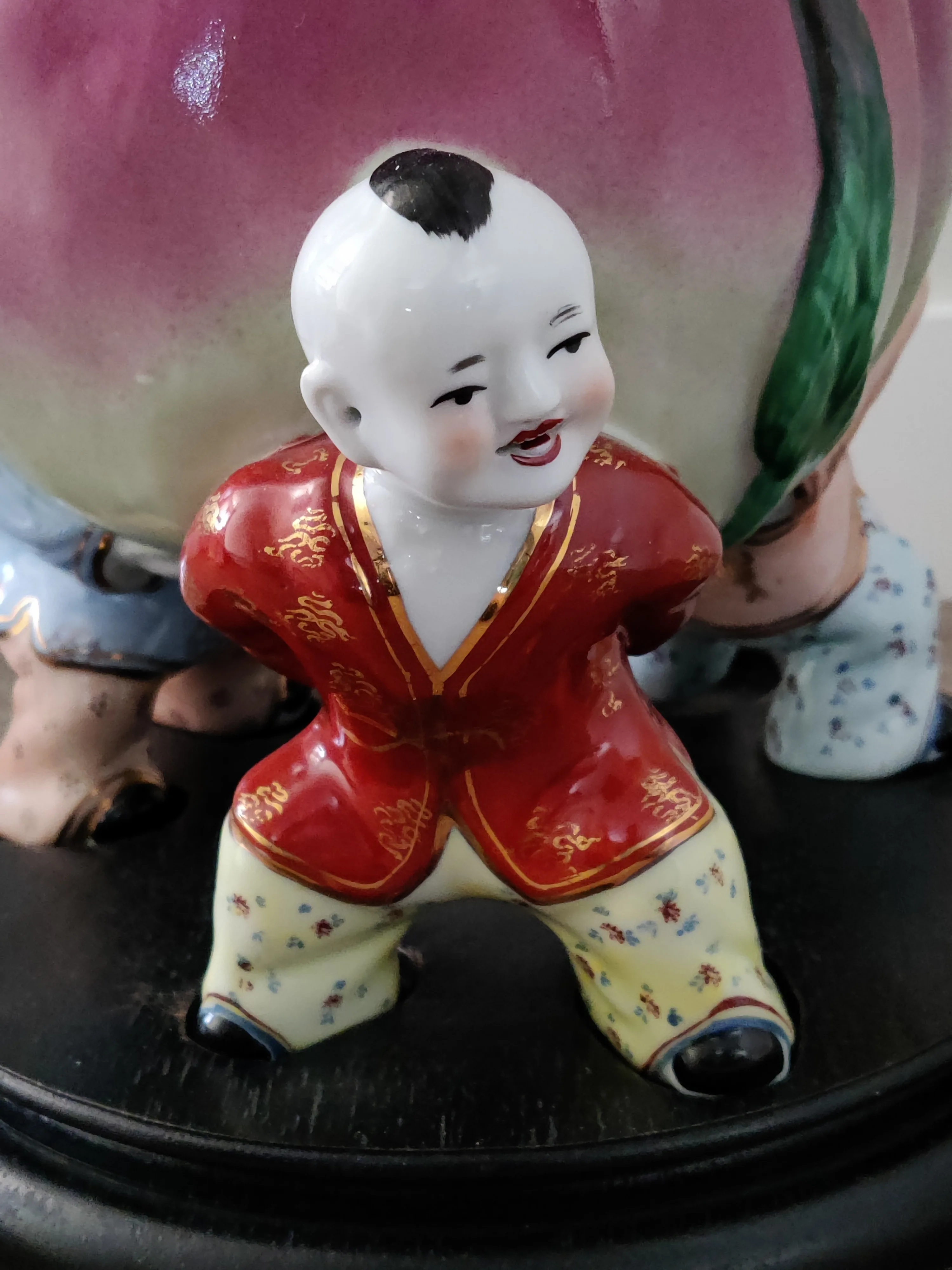 Chinese Porcelain 3 Children and Longevity Peach Figurine Vase image indicator(5)