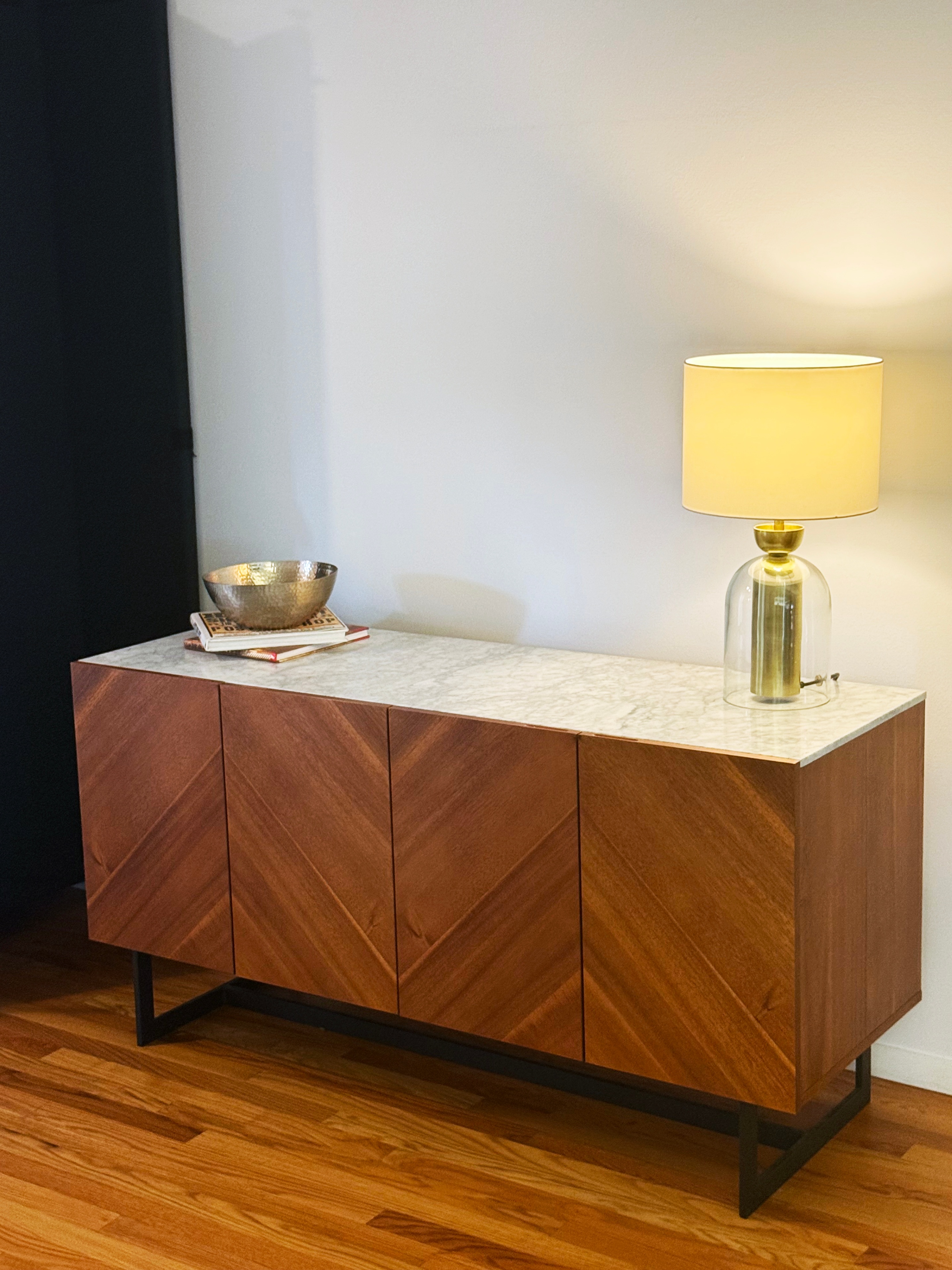 Suspend 57" Walnut Wood Media Console with White Marble Top