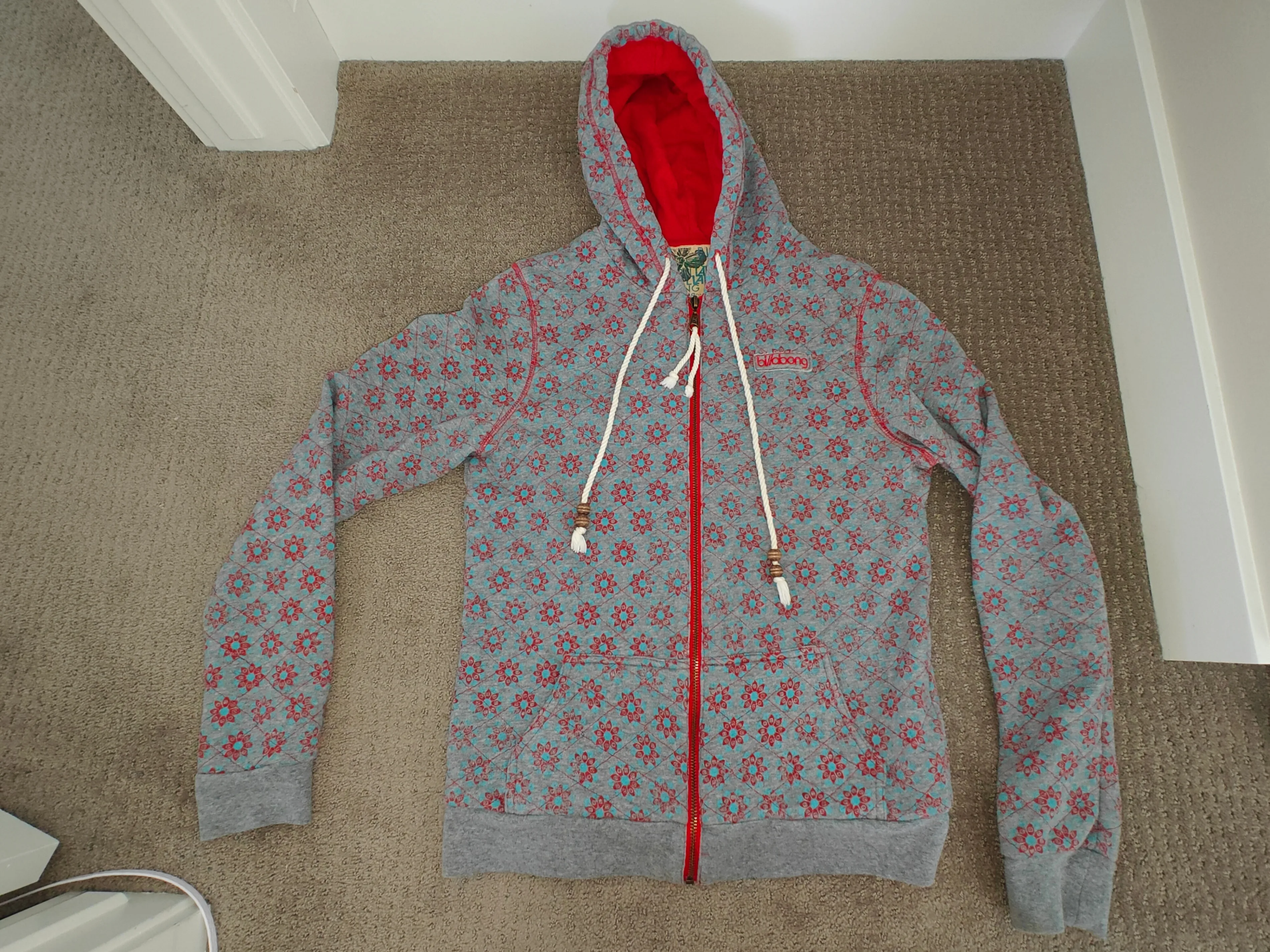 Billabong Zip Up Sweater Hoodie - Full Print Grey - Women Large thumbnail
