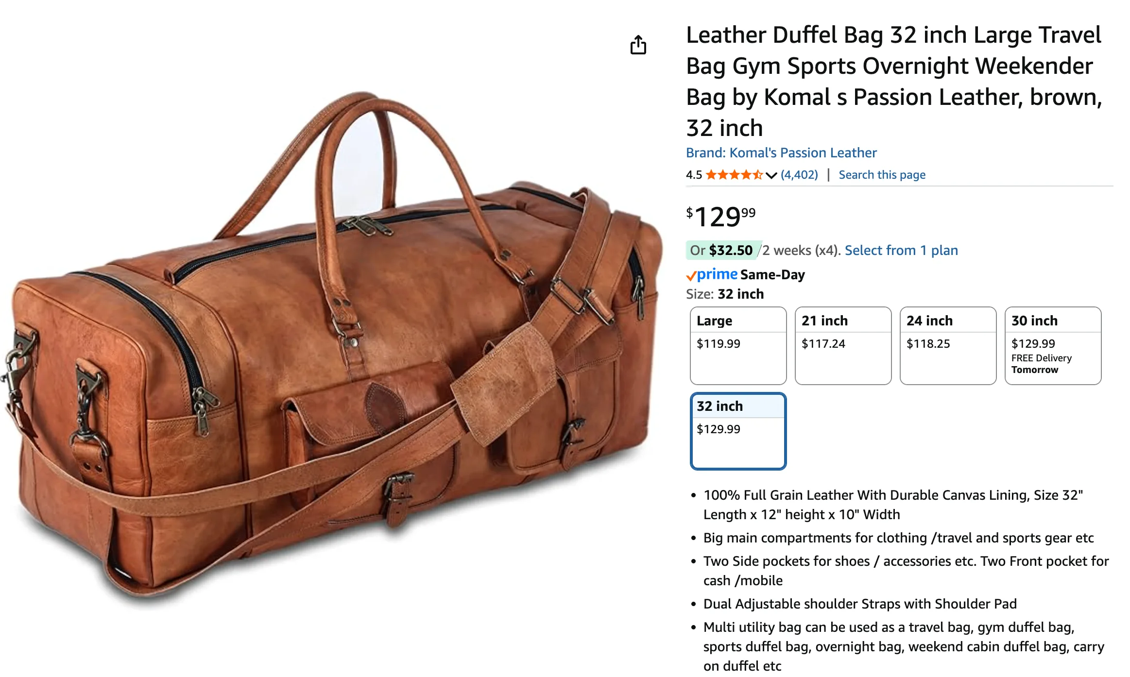 BRAND NEW Leather Duffel Bag 32 inch Large Travel Bag Gym Sports thumbnail