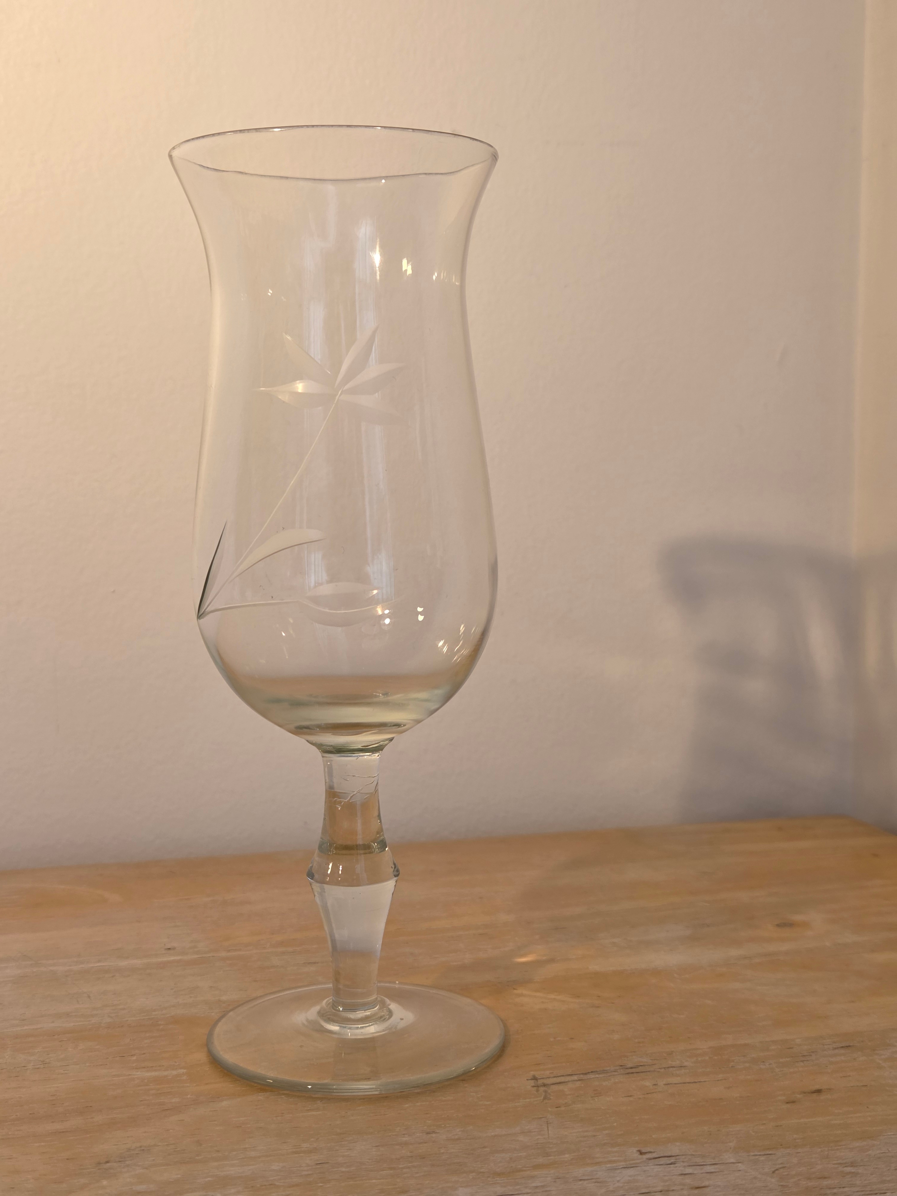 Vintage Hurricane Glass with Etched Flower Design