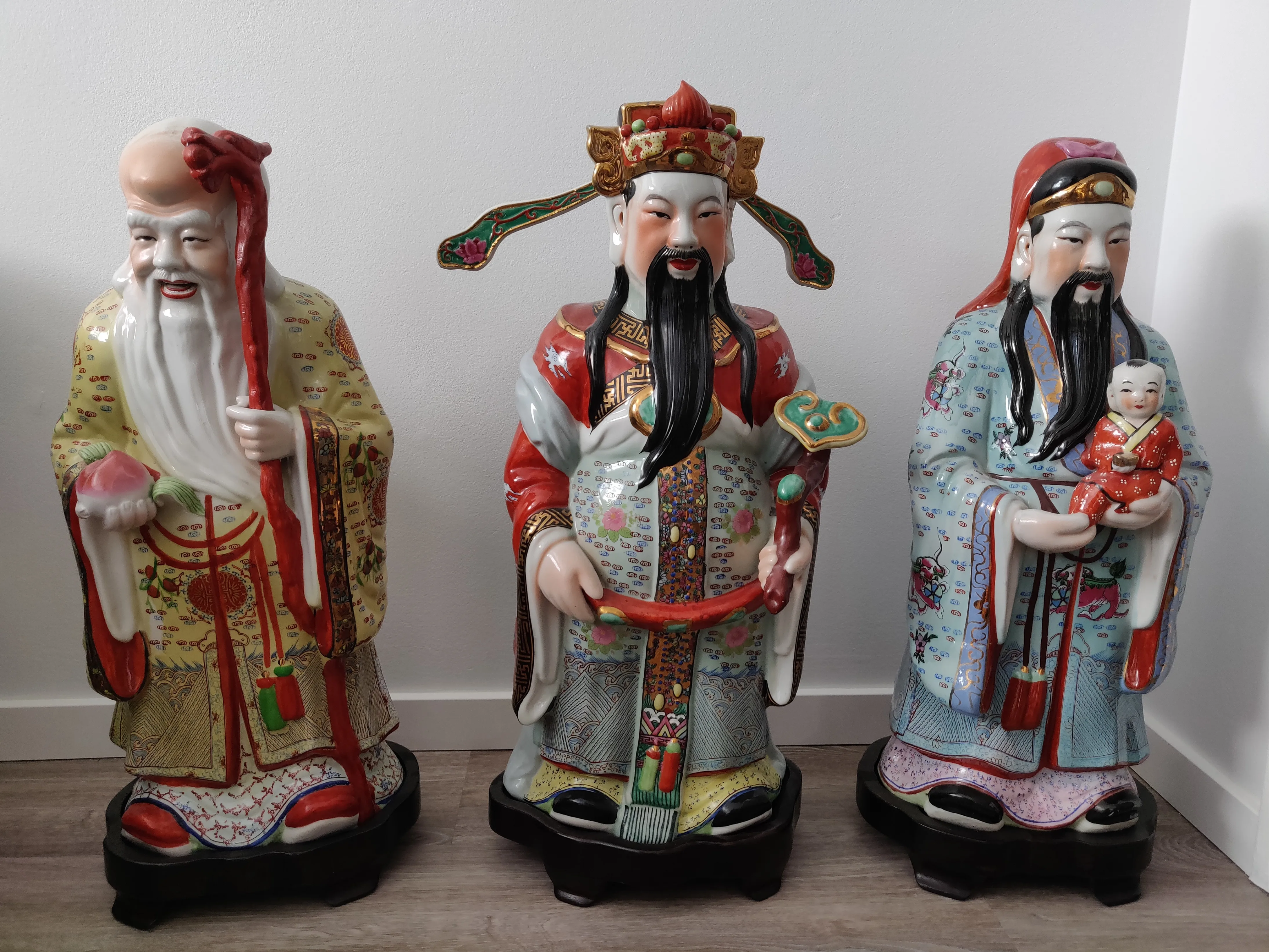 Set of Three Large 26" Fuk Luk Sau Statues w/ Custom Wood Stands thumbnail