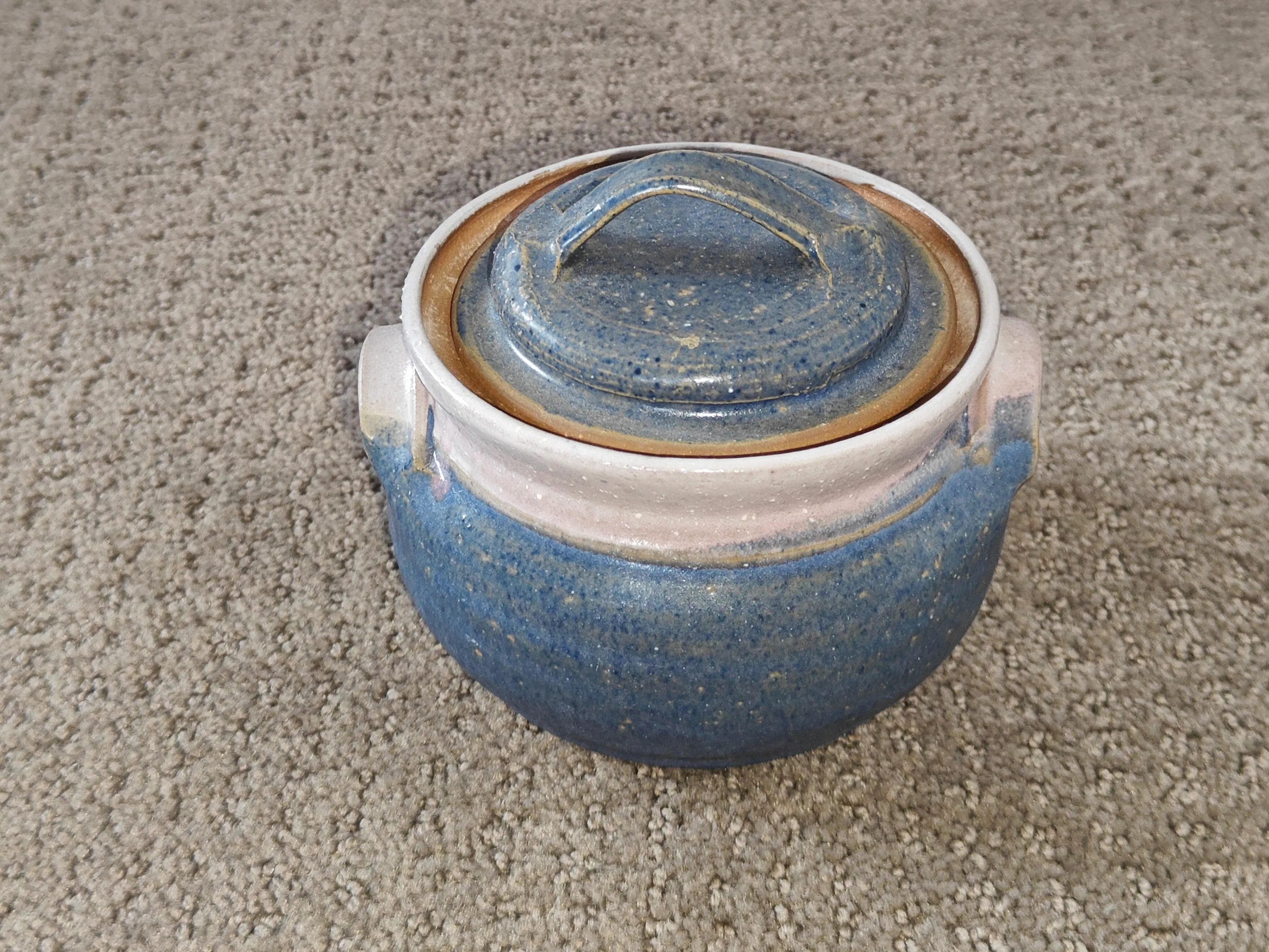 Handcrafted Blue & Beige Studio Pottery Pot with Lid - Signed thumbnail