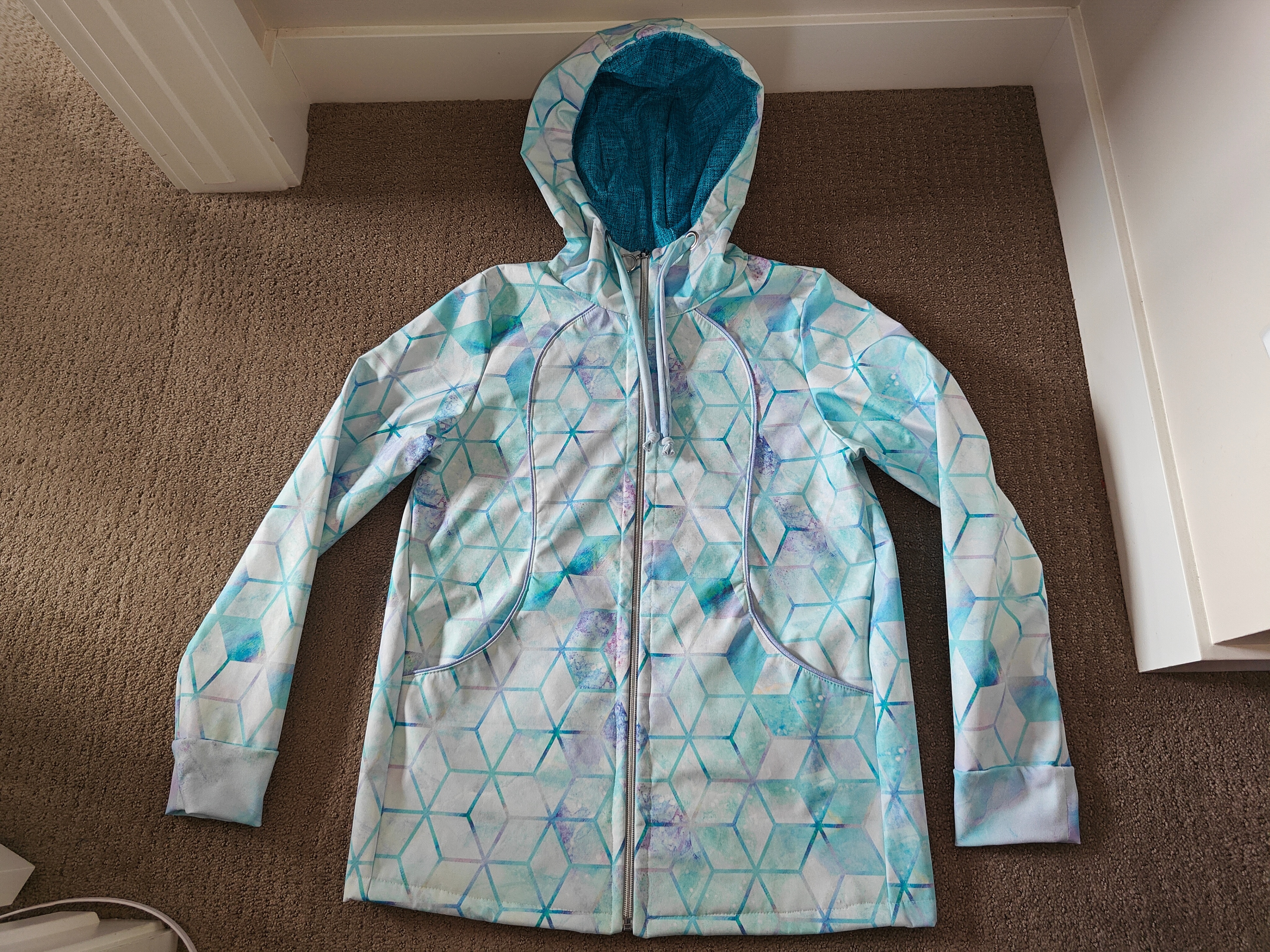 Medium Women Handmade White Blue Autumn / Spring Jacket w/ Hood